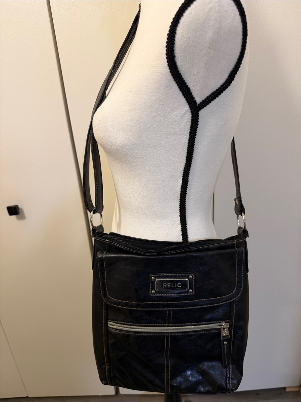 Relic Black Crossbody Shoulder Bag with Metal Logo Plate